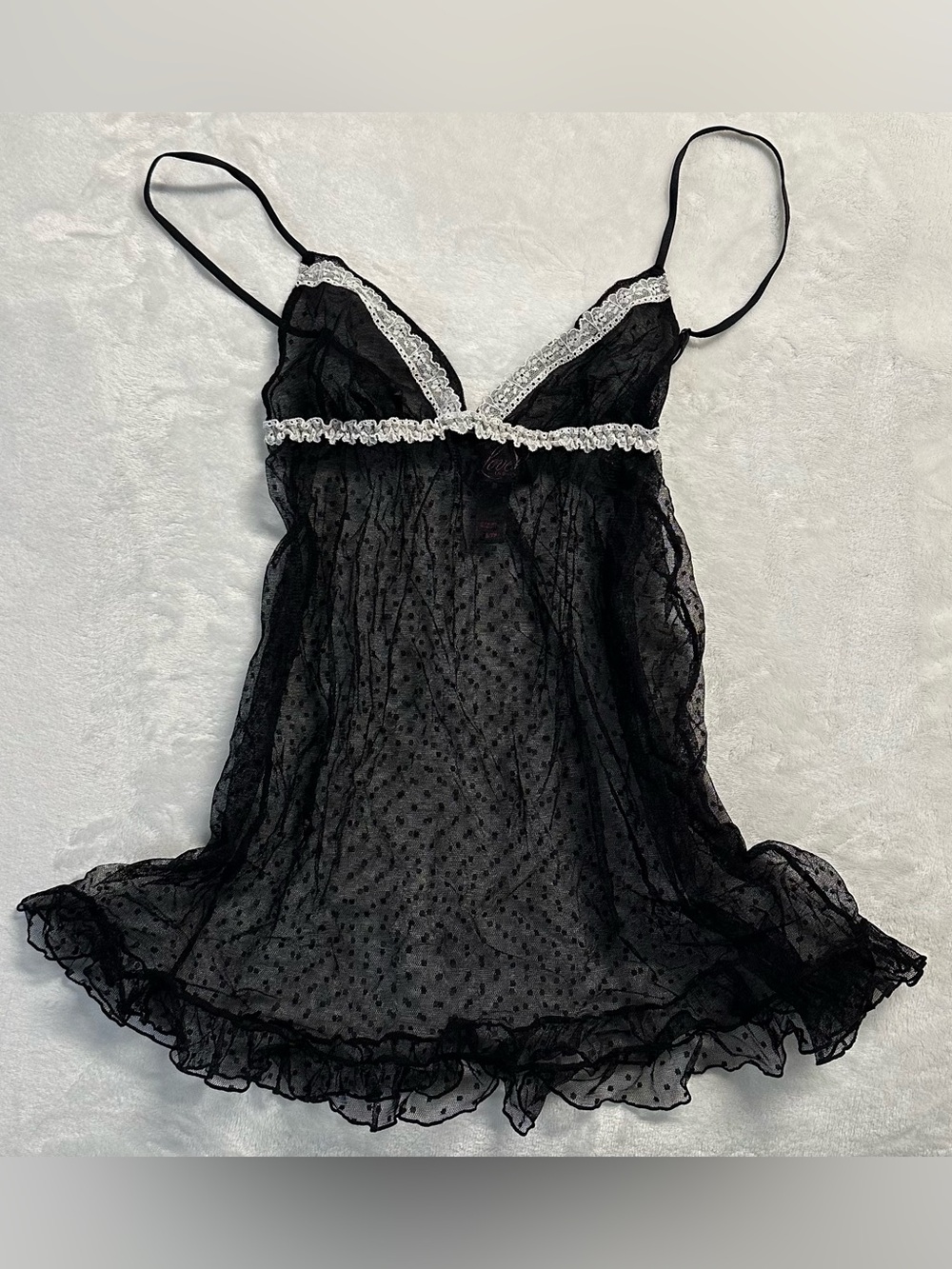 Y2K LASENZA women's black polka dot mesh lace trim chemise top, XS.